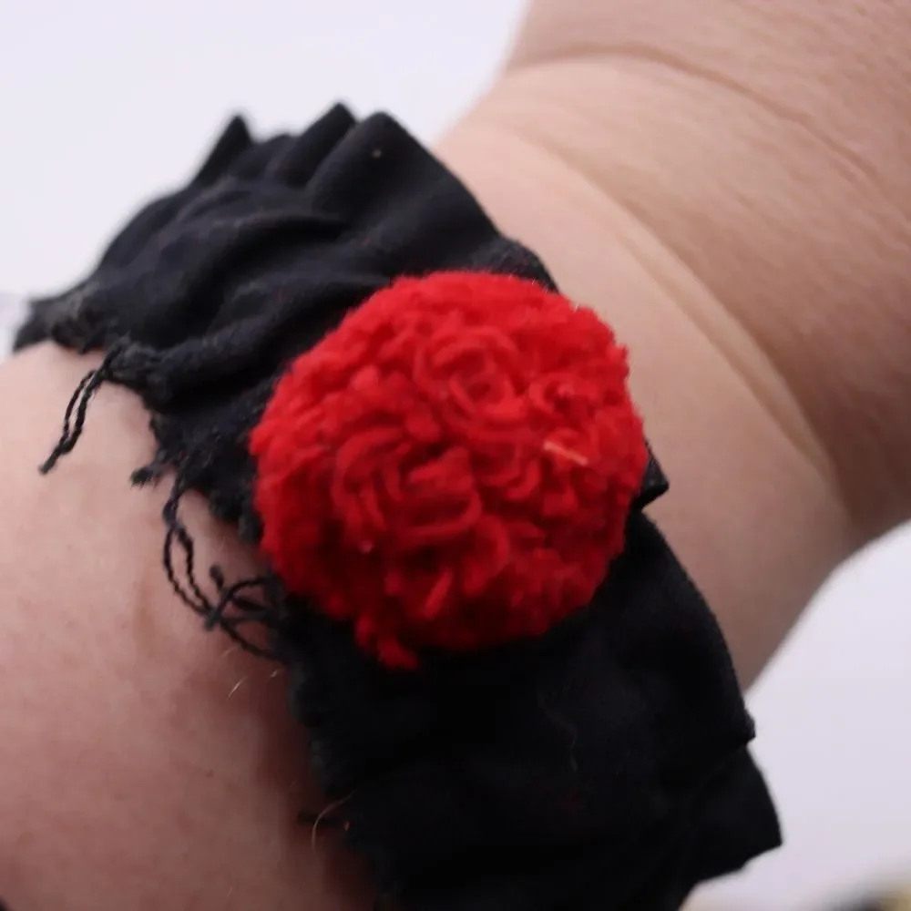 Vintage Black Ruffle Cuffs with Red Pom Pom Trim Elastic Accessories - Picture 5 of 7